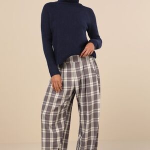 Lulus Uniquely Stylish Grey And Mauve Plaid High-rise Wide-leg Pants - Size S